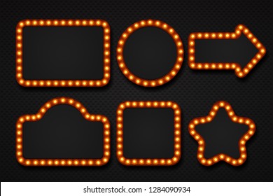 Light Bulb Frame. Makeup Mirror Marquee Circus Signboard Cinema Casino Theater Billboard Lump Border. Vector 3D Light Frames