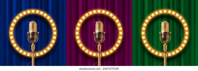 Light bulb frame and Retro microphone on stage against the curtain background - three color variation. Vector illustration.