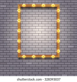 Light bulb frame with space for text on brick wall background. Editable vector template