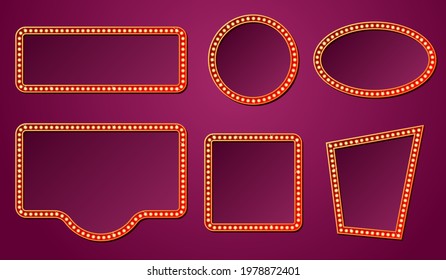 Light bulb frames. Isolated retro lights frame, 3d lighting signs. Circus theater cinema cafe boards. Casino advertising empty recent vector banner