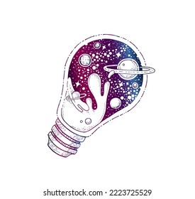 Light bulb with galaxy, stars and planets. Sketch lightbulb with abstract space pattern inside. Vector engraved illustration of night cosmos and wave splash in lamp