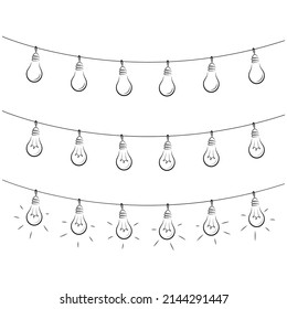 light bulb garland, black line isolated vector decoration, string of outdoor lights, holiday lamps for wedding or birthday cards, new year banners, party posters