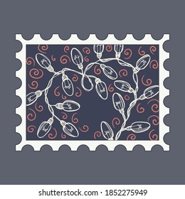 Light bulb garland. Christmas stamps with holiday Vintage illustration. Postage stamp frames. Vector 