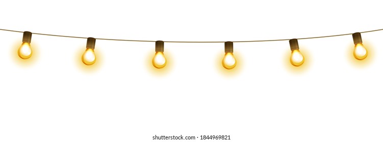 Light bulb garland, isolated vector decoration. String of golden Christmas lights. Illuminated holiday border, glowing lamps frame. For wedding or birthday cards, New Year banners, party posters.