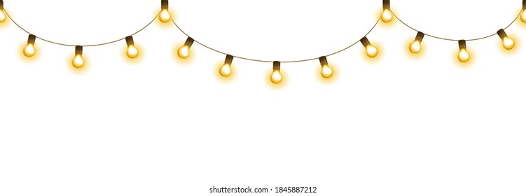 Parcela de bombilla ligera, decoración vectorial aislada. Cadena de luces doradas de Navidad. Borde de vacaciones iluminado, marco de lámparas brillantes. Para bodas o tarjetas de cumpleaños, carteles de Año Nuevo, afiches de fiesta.