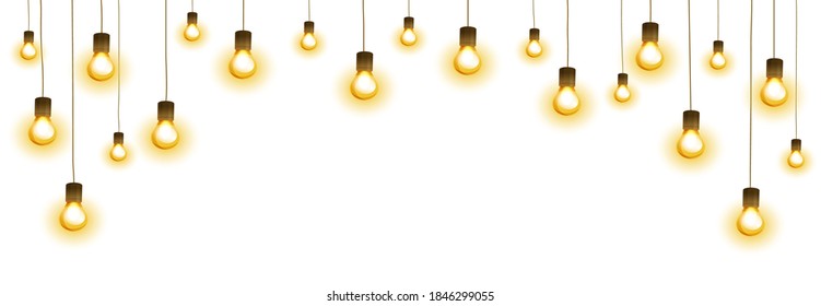Light bulb garland, isolated vector decoration. String of golden Christmas lights. Illuminated holiday border, glowing lamps frame. For wedding or birthday cards, New Year banners, party posters.