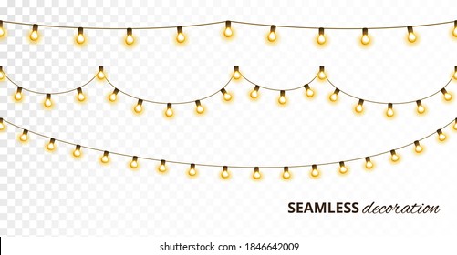 Light bulb garland, isolated vector decoration. String of golden Christmas lights. Illuminated holiday border, glowing lamps frame. For wedding or birthday cards, New Year banners, party posters.