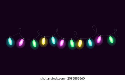 Light bulb garland vector illustration. Neon christmas lights. Holidays and event decoration. Design element for poster, card, banner, web.	
