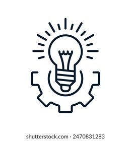 Lámpara y engranaje. Concepción de nuevas ideas en tecnologías. Vector lineal aislado sobre fondo blanco.