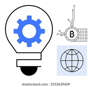 Light bulb with gear, cryptocurrency Bitcoin symbol, and globe with network lines. Ideal for technology, innovation, cryptocurrency, blockchain, and global connectivity themes. Clean minimalistic