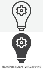 Bombilla de luz con engranaje de diferentes estilos icono conjunto. Línea y contorno con versión de icono sólido, signo de Vector de trazo editable y símbolo. Icono del engranaje de la bombilla para la idea y la innovación.