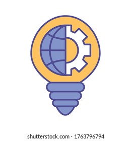 light bulb with gear and global sphere line and fill style icon design, Innovation idea and creativity theme Vector illustration