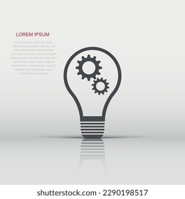 Light bulb with gear icon in flat style. Idea illustration pictogram. Lamp sign business concept.