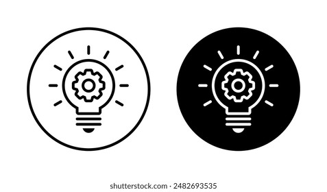 Light bulb with gear icon on black circle. Implementation, development concept