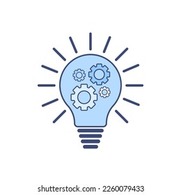 Glühbirne und Zahnradsymbol im Konturstil auf weißem Hintergrund, Konzept der Idee, Energie, Denken, Wirtschaftlichkeit, Lösung.