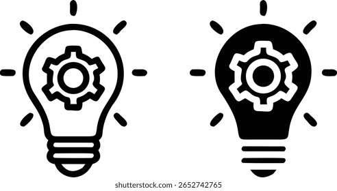 Conjunto de iconos de engranajes de bombilla – Símbolo de innovación e idea en blanco y negro – Ilustración de Tecnología de Vector