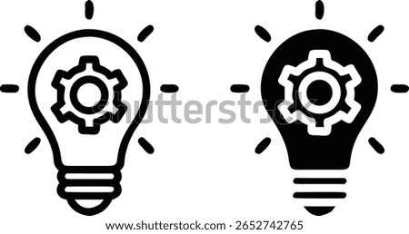 Light Bulb Gear Icon Set – Black and White Innovation and Idea Symbol – Vector Technology Illustration