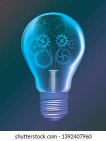 Light bulb with gear, idea concept. 
Illustration of blue light bulb symbolizing new Ideas, Creativity, intelligence.
