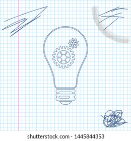 Light bulb and gear inside line sketch icon isolated on white background. Innovation concept. Vector Illustration
