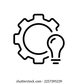 Bombilla de luz con el icono de la línea de engranajes. Iluminación, electricidad, electricidad, brillo, cableado, resplandor. Pensamiento, idea creativa, creatividad, solución, estrategia. Icono de línea de vector sobre fondo blanco