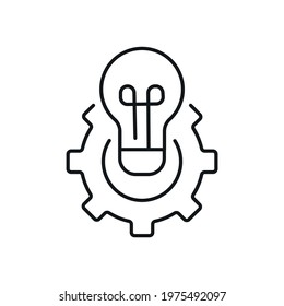 Light bulb with gear linear icon. Idea concept. Thin line customizable illustration. Vector isolated outline drawing. Editable stroke