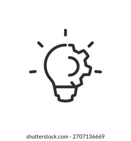 Bombilla con engranaje, icono lineal. Innovación, idea creativa y técnica. Línea con trazo editable.