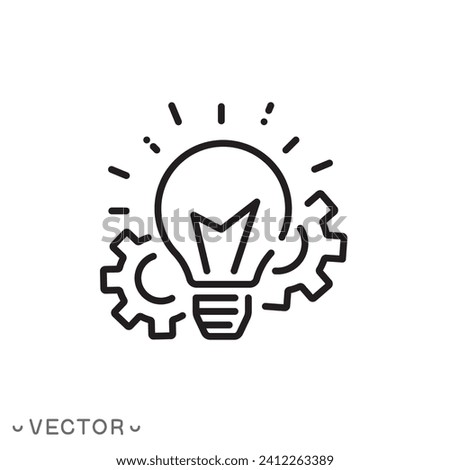 light bulb with gear mechanism, solution idea vector icon, concept of spreading innovation, thin line symbol isolated on white background, editable stroke eps 10 vector illustration