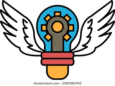 A light bulb with a gear on top of it. The light bulb is surrounded by wings