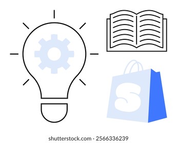 Light bulb with gear, open book, and shopping bag. Ideal for learning, e-commerce, innovation, technology, and business. Simple iconographic style. Three colors black, blue, and white