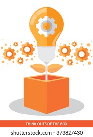 Light bulb with gear outside the box. Vector illustration. Think outside the box and Idea growth concept. Can be used for layout, web design, brochure, flyer, leaflet, banner