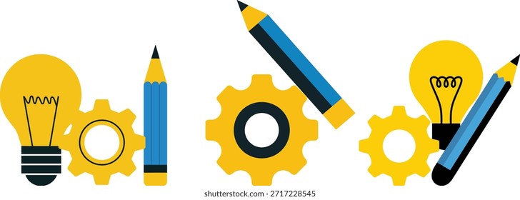 Light bulb with gear and pencil representing creative ideas, innovative thinking, problem solving using strategic solution for project planning design vector