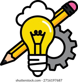 Bombilla con engranaje, lápiz y burbuja de pensamiento que representa ideas de lluvia de ideas. Simboliza la creación, la invención y las soluciones