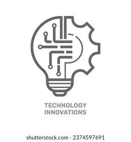 Light bulb with gear wheel machine icon vector. Technology solutions.  Line art lamp and gear wheel machine sign silhouette. Editable Stroke. EPS 10. 