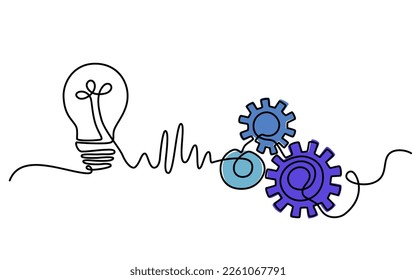 Light bulb with gear wheel mechanic line art. Idea, development and intelligence. Creative workshop logotype symbol template concept. Dynamic one line draw graphic vector illustration