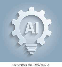 Light bulb with gears and AI icon. Flat design. Paper cut design. Artificial intelligence technology concept design. Big data and Machine learning. vector illustration.