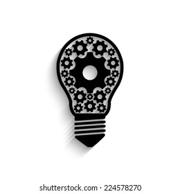 light bulb with gears and cogs - black vector icon with shadow 