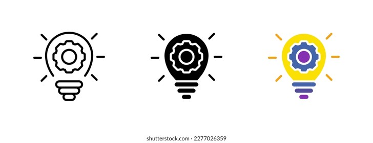 Light bulb with gears or cogs inside, which may represent the concept of innovation or creativity in a technical context. Vector set of icons in line, black and colorful styles isolated.