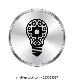 light bulb with gears and cogs - vector brushed metal button