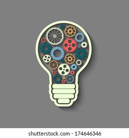 light bulb with gears and cogs working together, teamwork concept, retro style