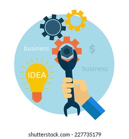 Light bulb with gears and cogs working together concept in flat design style. Hand with wrench. Repair icon
