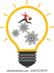 Bombilla con engranajes y engranajes trabajando juntos. Empresario trabajando con eficiencia para crear nuevas ideas.

