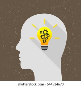 Light bulb with gears and human head concept. Flat design with long shadow. 