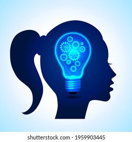 Light bulb with gears inside against the background of an abstract female head. Concept of woman thinking. Vector illustration.