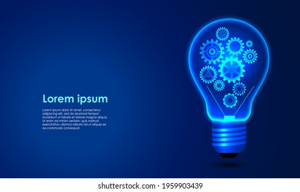 Light bulb with gears inside on a blue background. Vector illustration.