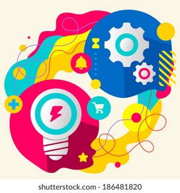 Light bulb and gears on abstract colorful splashes background with different icon and elements. Internal mechanism, structure and operating principles. Flat  design for the web, print, banner