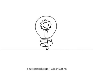 Light bulb with gears one line drawing. Vector illustration isolated. Minimalist design handdrawn.