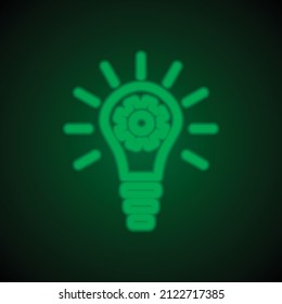 Glühbirne mit Zahnräder einfache Symbol. Flaches Design. Grüner Neon auf schwarzem Hintergrund mit grünem Licht.ai