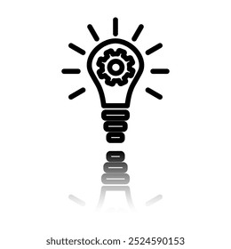 Bombilla con el icono simple de los engranajes. Diseño plano. Icono negro con reflejo de espejo. El fondo blanco.ai