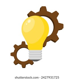 Light bulb with gears vector logo. Idea and work icon vector symbol. Innovation and creation vector icon. Discovery achievement vector.