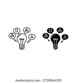 Light bulb with geometric shapes in thought bubbles black and white idea